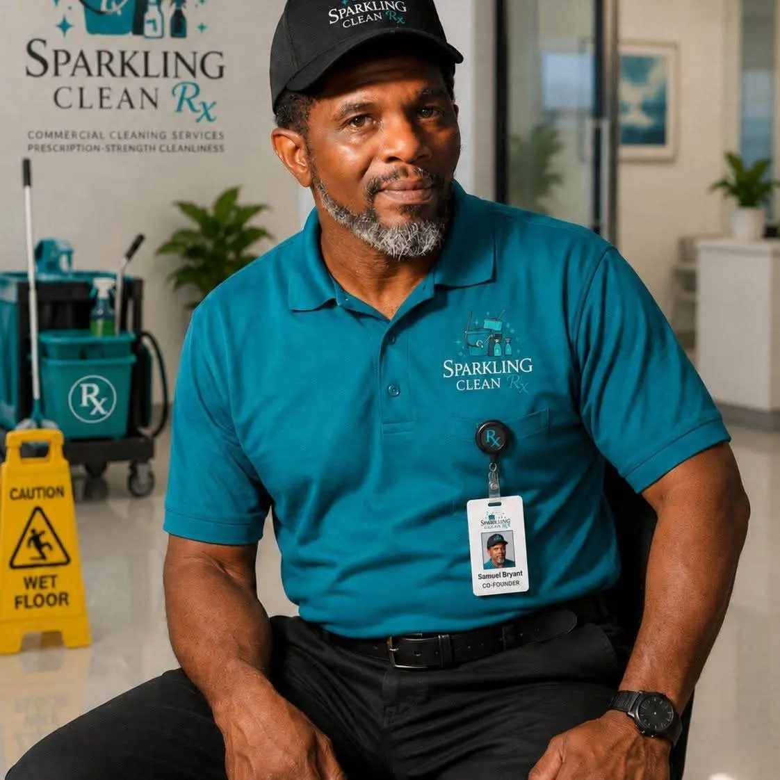 Sparkling Clean Rx co-founder in company uniform